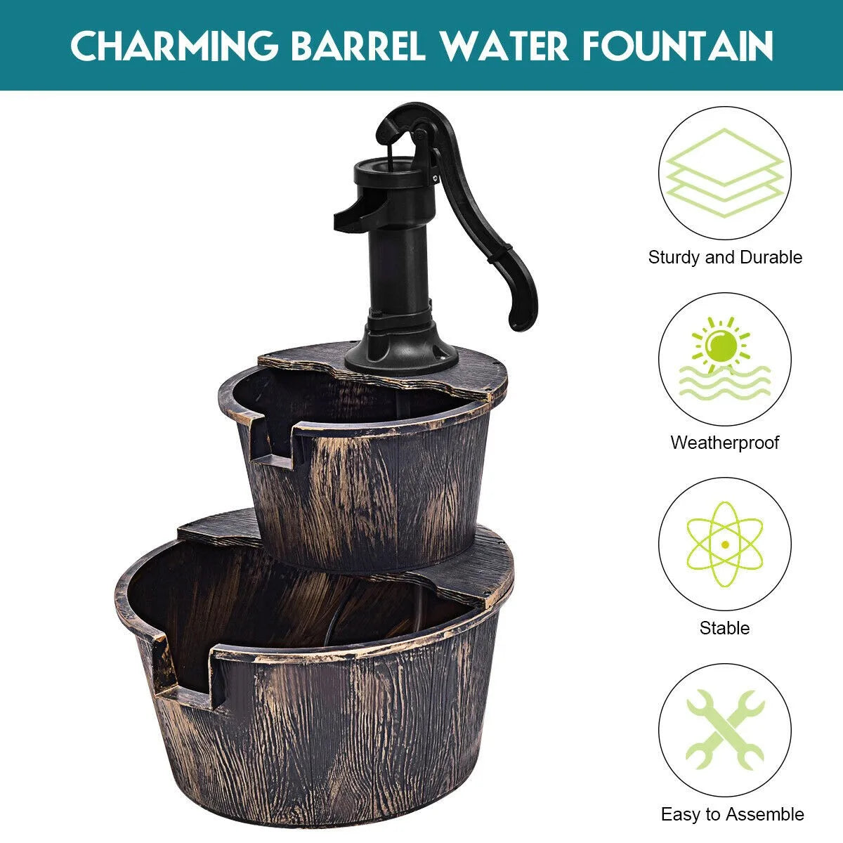 Rustic 2 Tier Barrel Waterfall Fountain with Pump