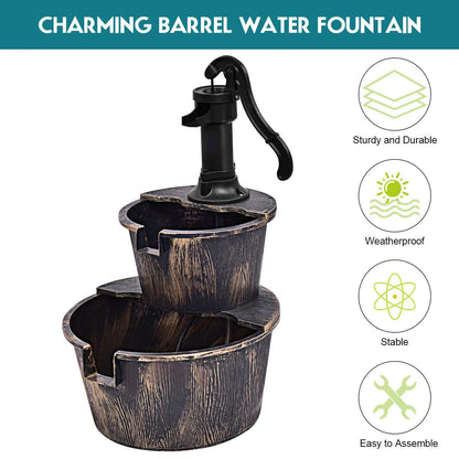 Rustic 2 Tier Barrel Waterfall Fountain with Pump