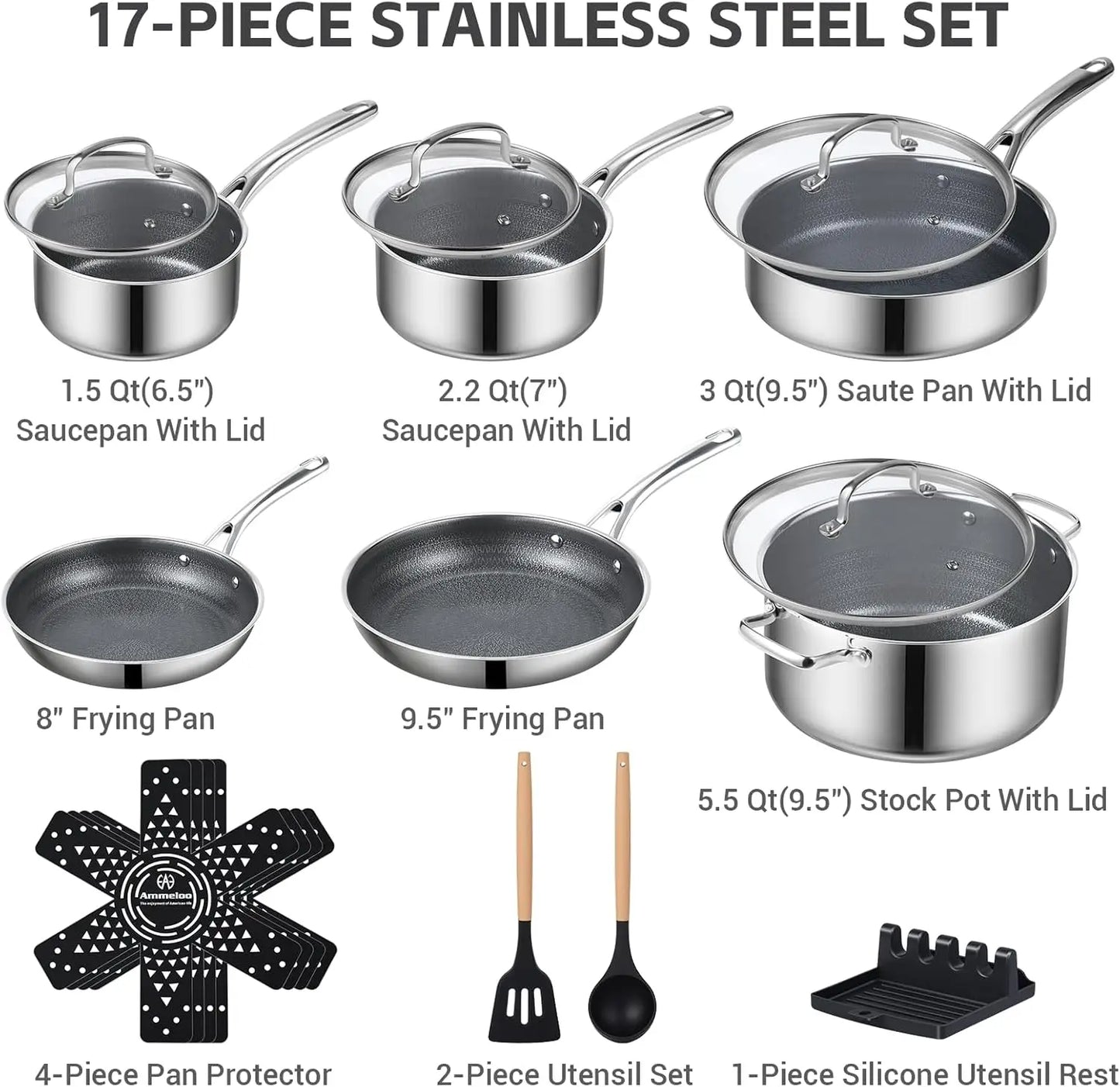 17-Piece Nonstick Stainless Steel Cookware Set, Hybrid Ceramic Coating