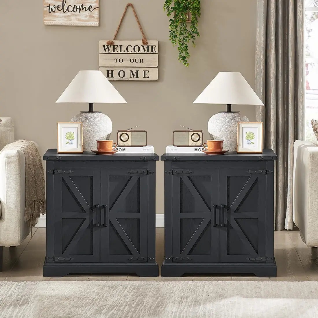 Rustic Wood Square Nightstand, Barndoor Style