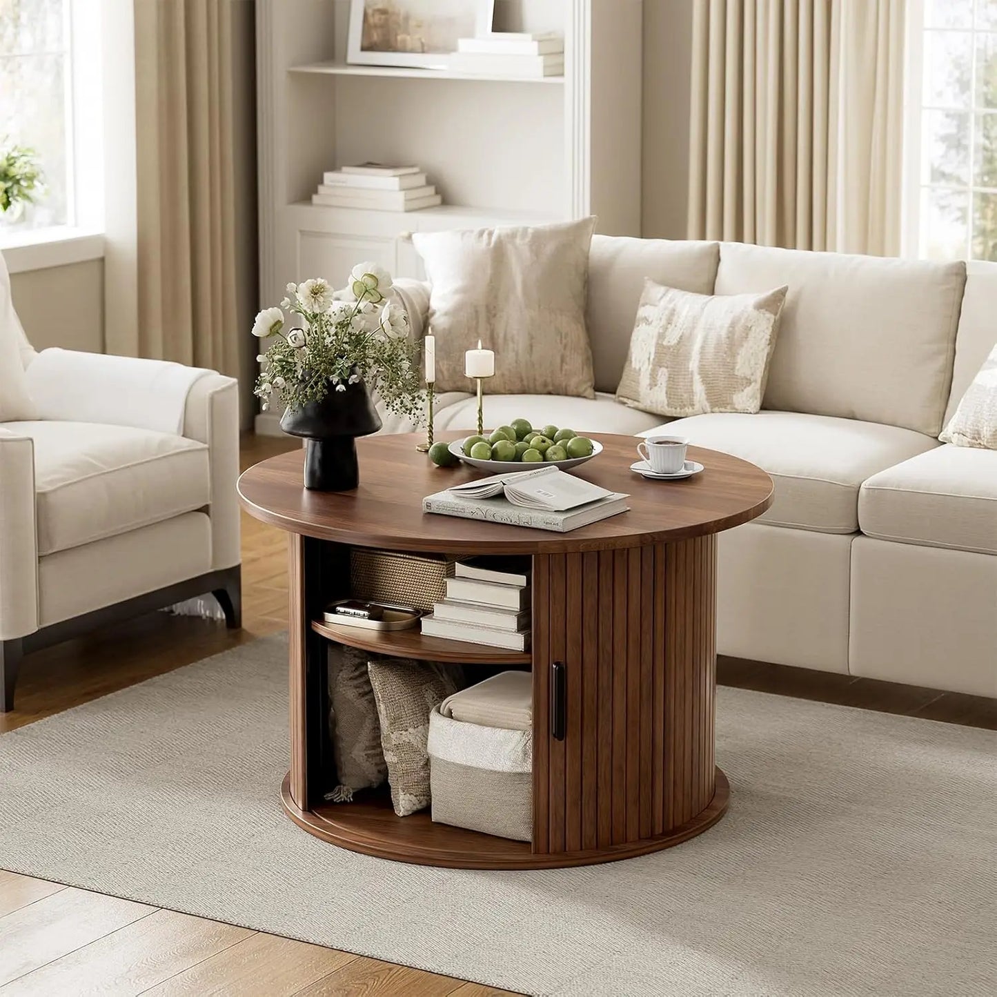Fluted Round Lift Top Coffee Table w/Hidden Storage, Shelves