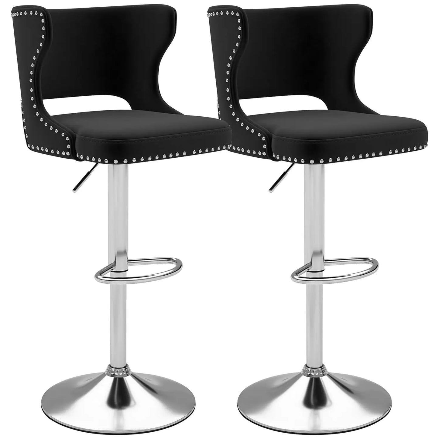 Set (2) Velvet Upholstered, Adjustable, Swivel, Curved Back Barstool