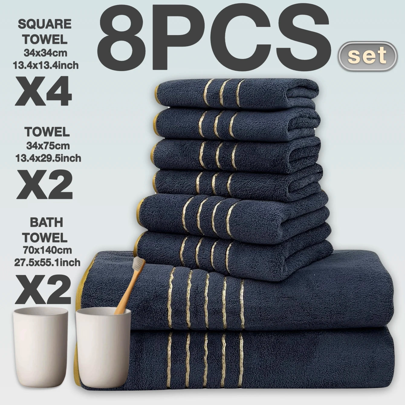 2/3/6/8 Pcs Bath Towel Set White & Gray with Gold Accents