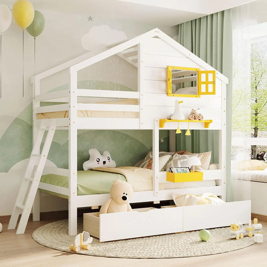 House Twin Over Twin Bunk Beds w/Storage Drawers & Shelf