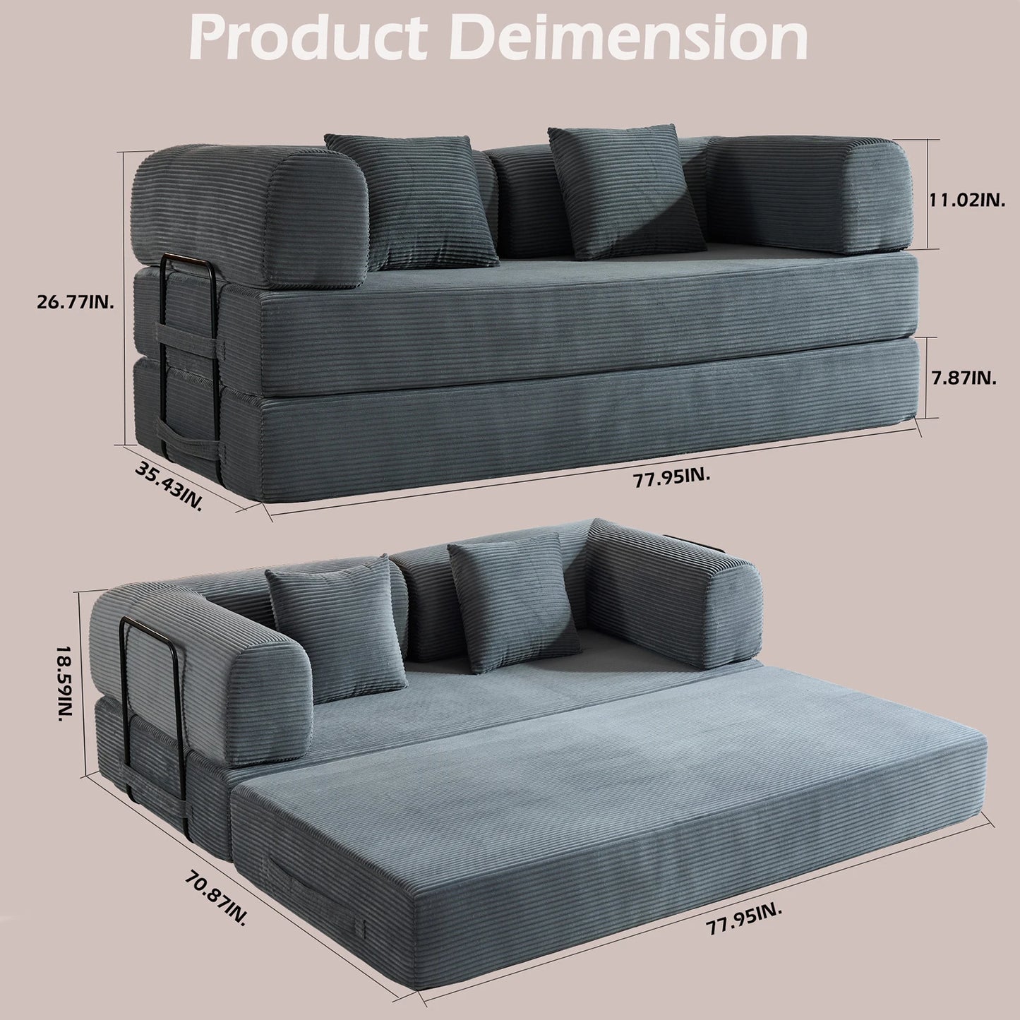 79" Folding Convertible Sofa Bed, Oversized Corduroy Futon, Boneless Loveseat