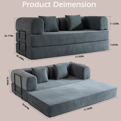 79" Folding Convertible Sofa Bed, Oversized Corduroy Futon, Boneless Loveseat