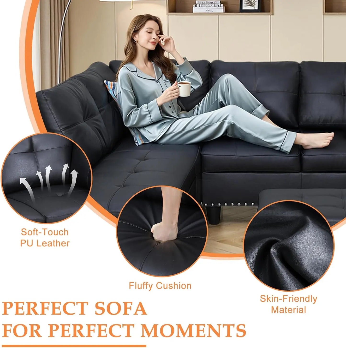 Modern L=shape 4-Seaters Couch w/Chaise Lounge, Ottoman & 2 Pillows