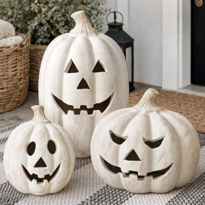 7.5"H White Handmade Terracotta Pumpkin Jack O' Lantern w/Artisan Finish
