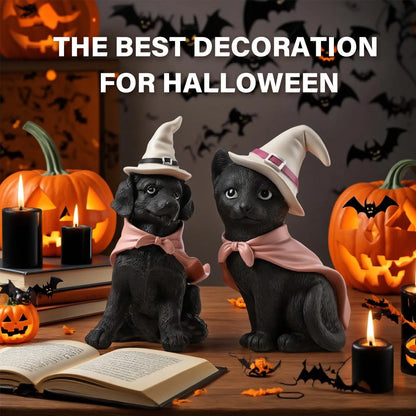 2pc Halloween Witch Hat, Black Cat and Dog Pet Figurine Set