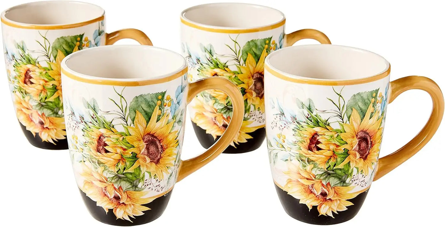 Gold Handles, Sunflower Ceramic Mugs, Set of 4, 18 oz