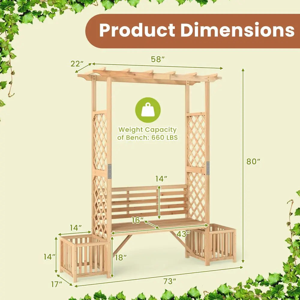 Wooden Outdoor Bench w/Pergola, Planting Box, Side Trellis