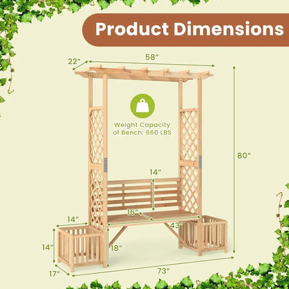 Wooden Outdoor Bench w/Pergola, Planting Box, Side Trellis