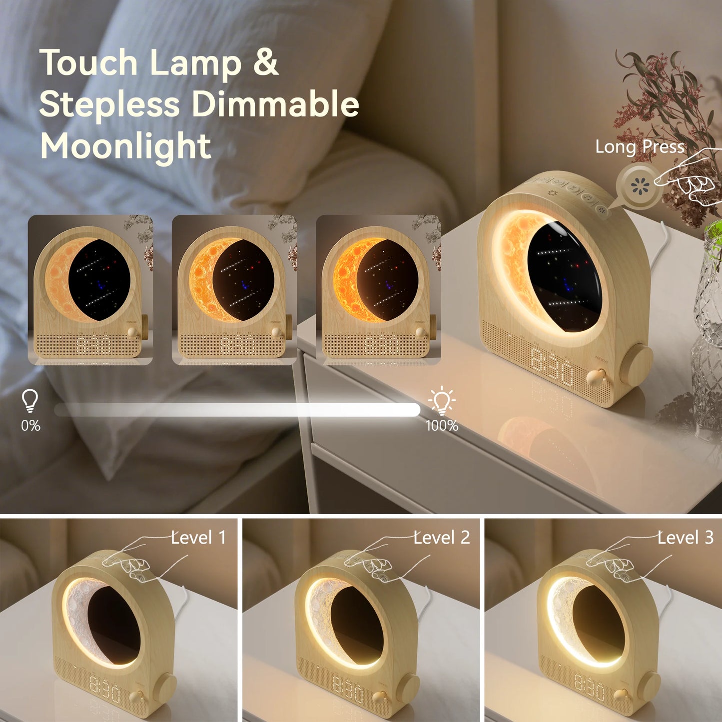 Sunrise Alarm Clocks for Bedrooms, Stepless Dimmable Moon Lamp Dual Alarm Clock