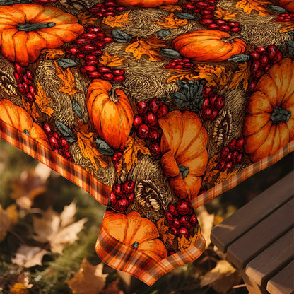 Autumn Pumpkin Maple Leaf Pattern Tablecloth, Plaid, Decorative Edges, Polyester