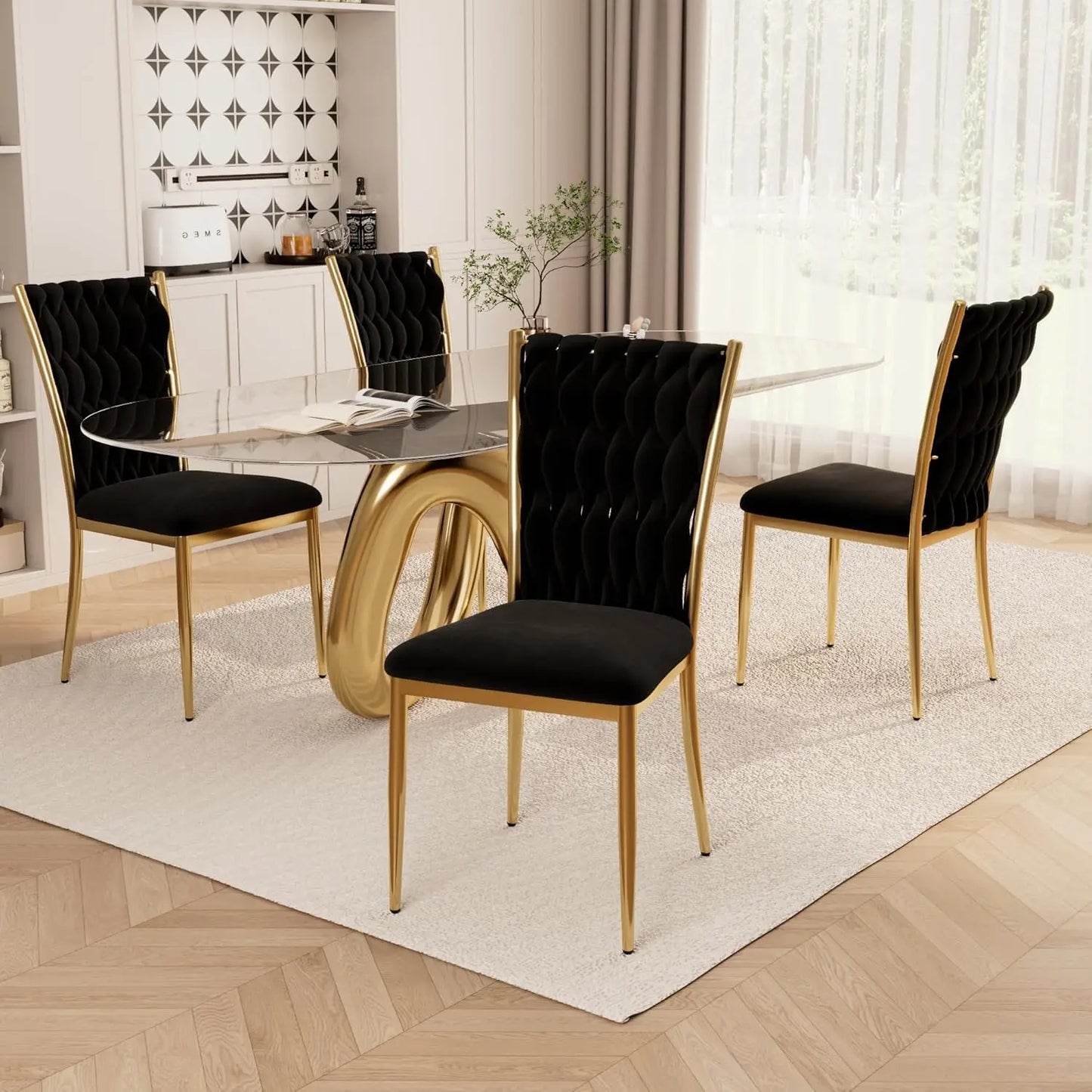 Set (4) Modern Velvet Upholstered Dining Chairs w/Gold Metal Legs