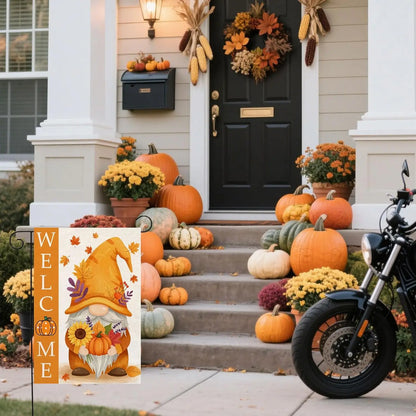 Welcome Fall Gnome Garden Flag 12"x18", Autumn Leaves, Pumpkin, Double-Side