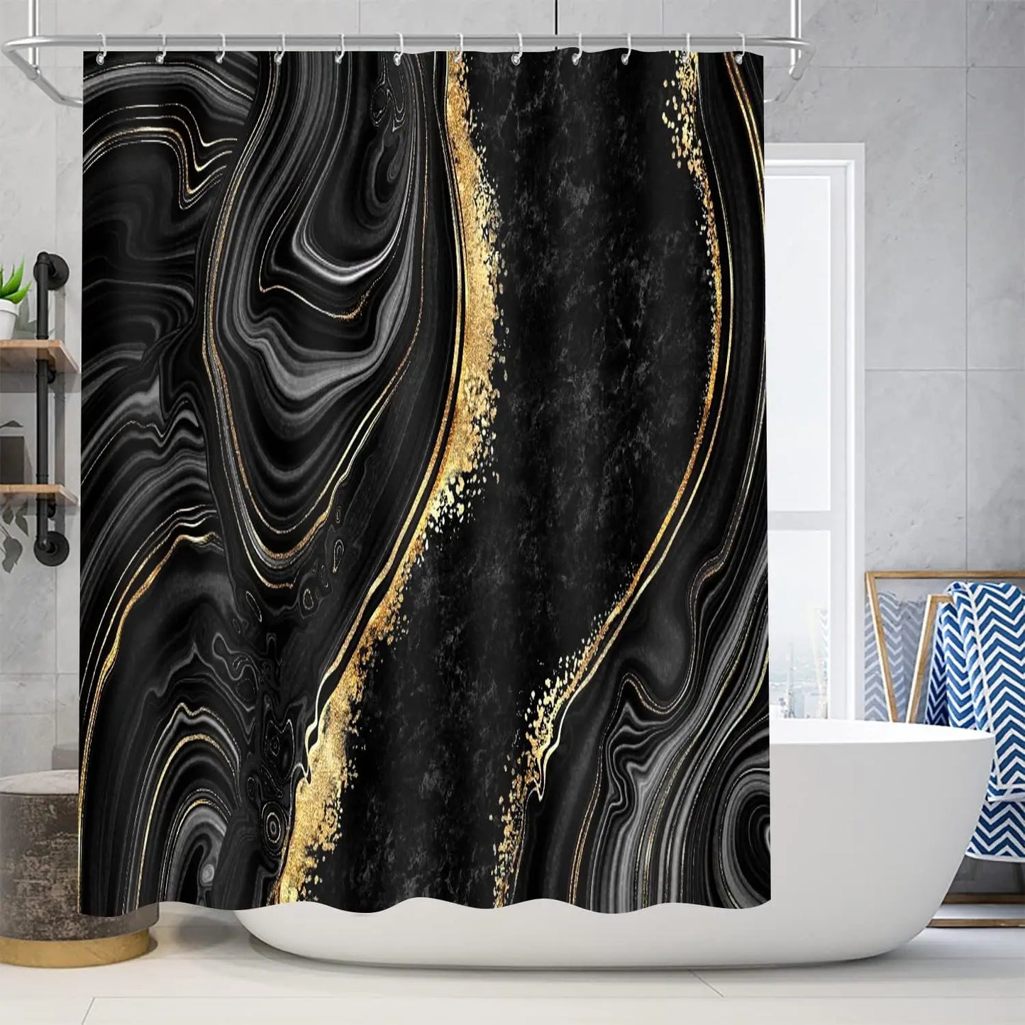 4-Piece Black Marble Shower Curtain Set