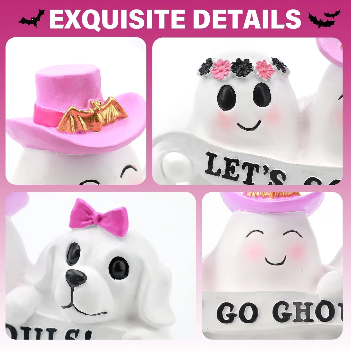 Pink Bow Spooky Ghost Puppy Group Figurine, Ornament