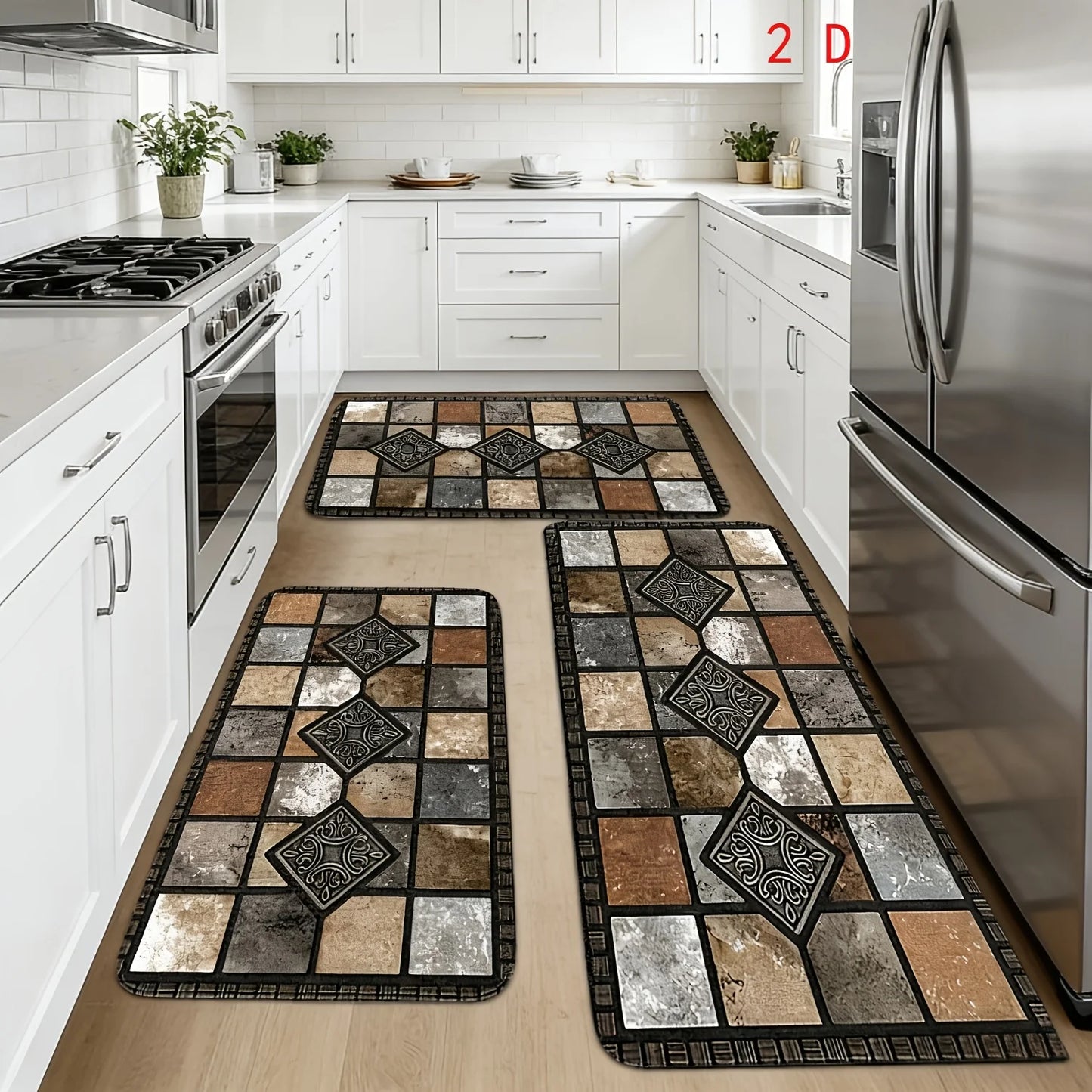 2D 3pcs Kitchen Mat Set, Classic Geometric Stone Mat, Retro Farmhouse
