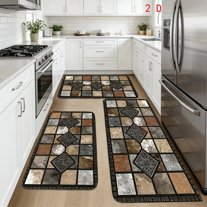 2D 3pcs Kitchen Mat Set, Classic Geometric Stone Mat, Retro Farmhouse