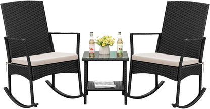 Outdoor High Back Rocking Chair Set w/Glass Table, Beige