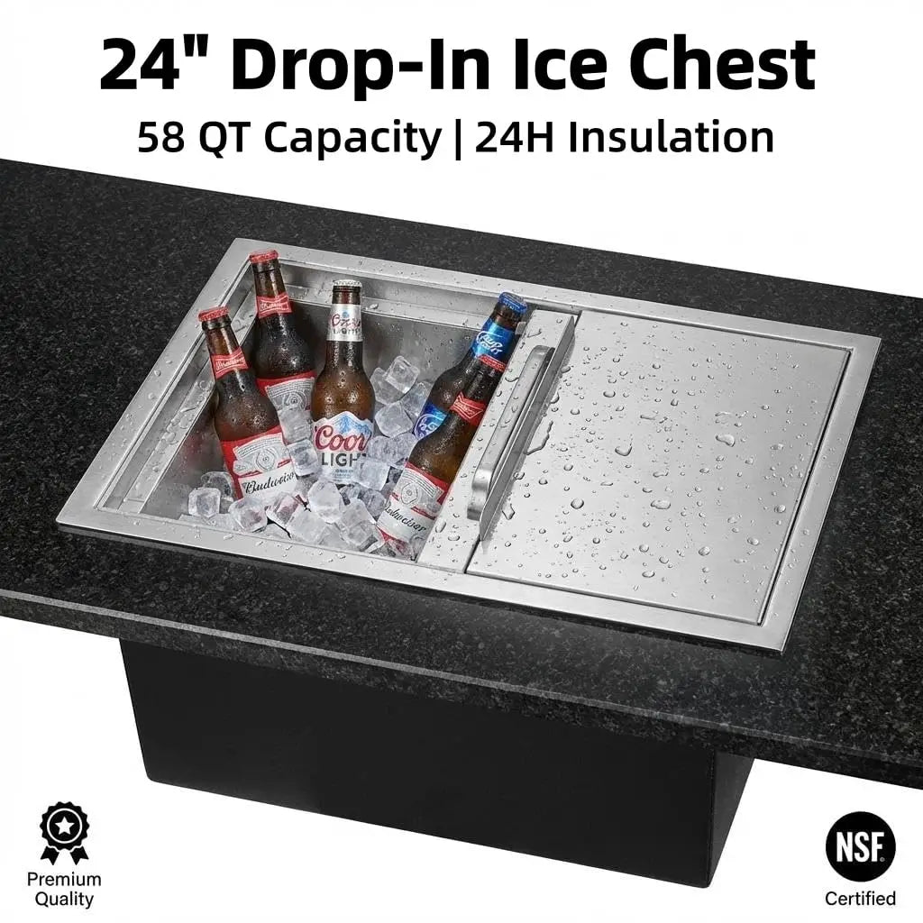 Large 58qt Capacity Stainless Ice Bin with Lid & Drain-Pipe