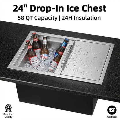 Large 58qt Capacity Stainless Ice Bin with Lid & Drain-Pipe