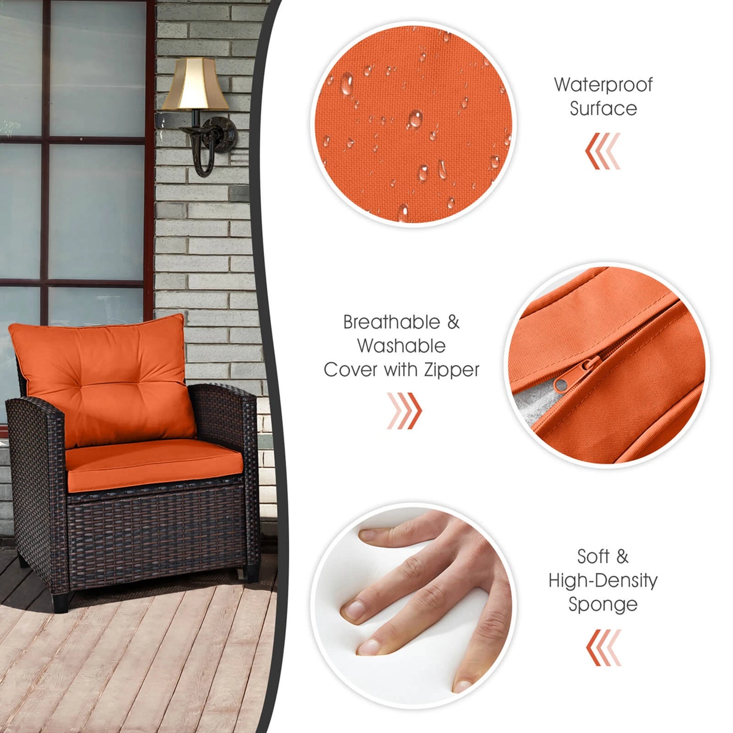 3pc Patio Rattan Patio Furniture, Cushions, Orange