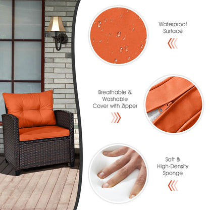 3pc Patio Rattan Patio Furniture, Cushions, Orange