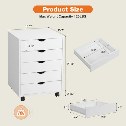 5 Drawer Waterproof Surface Wood Nightstand Cabinet w/Wheels