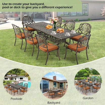 9pc Aluminum Patio Furniture Set, 86.6" Rectangular Table and Cushions