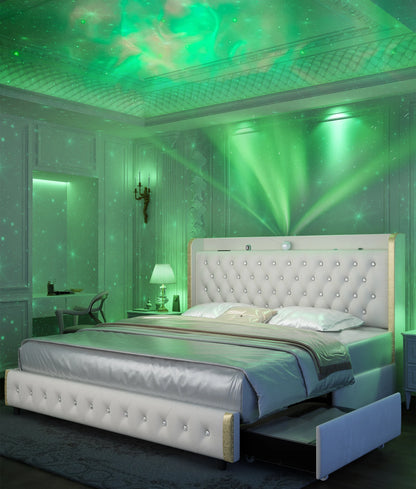 4 Drawers, Queen LED Bed Frame w/Galaxy Projector, Bluetooth, USB Ports