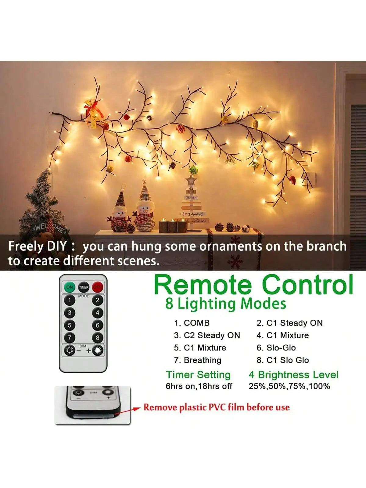1pc 96 LED 6Ft Flexible Tree Branch Willow Fairy Lights w/8 Modes