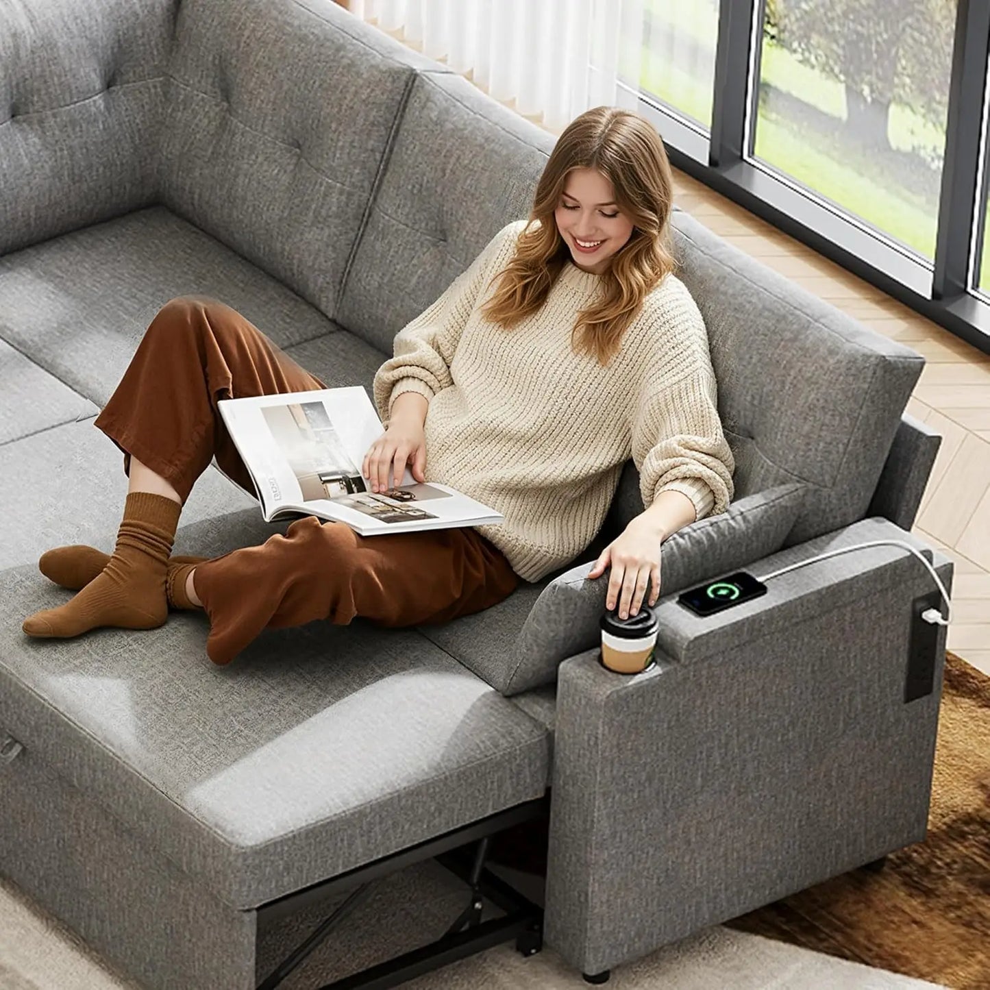 110'' Sectional Pull Out Couch, U Shape 7 Seat Sleeper Sofa w/Storage