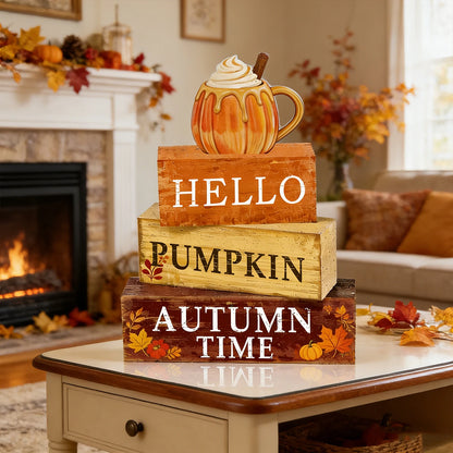 4pc Stackable Thanksgiving Rustic Farmhouse Wooden Sign Blocks