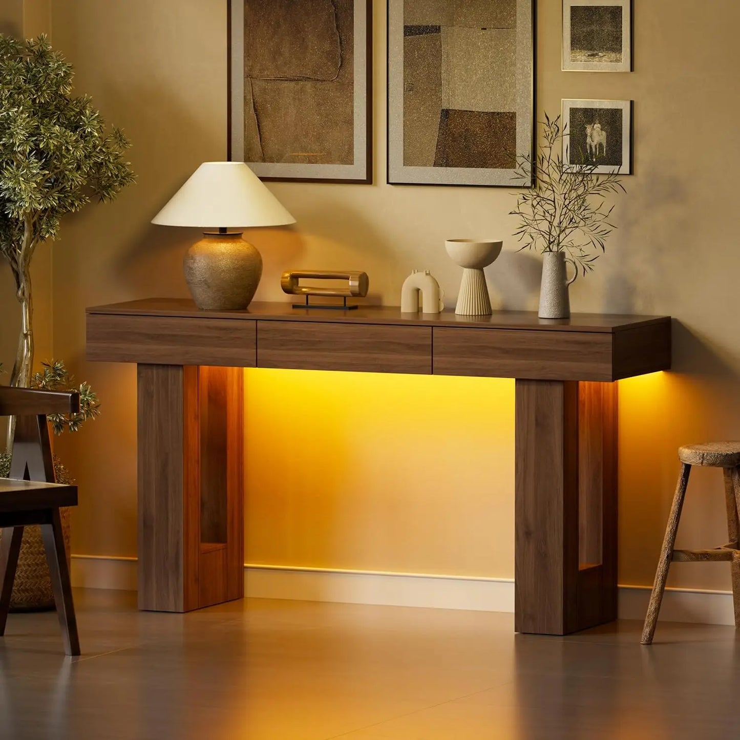63" Console Rectangular Sofa Table w/Colorful LED Lights and 3 Drawers