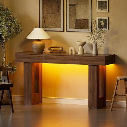 63" Console Rectangular Sofa Table w/Colorful LED Lights and 3 Drawers