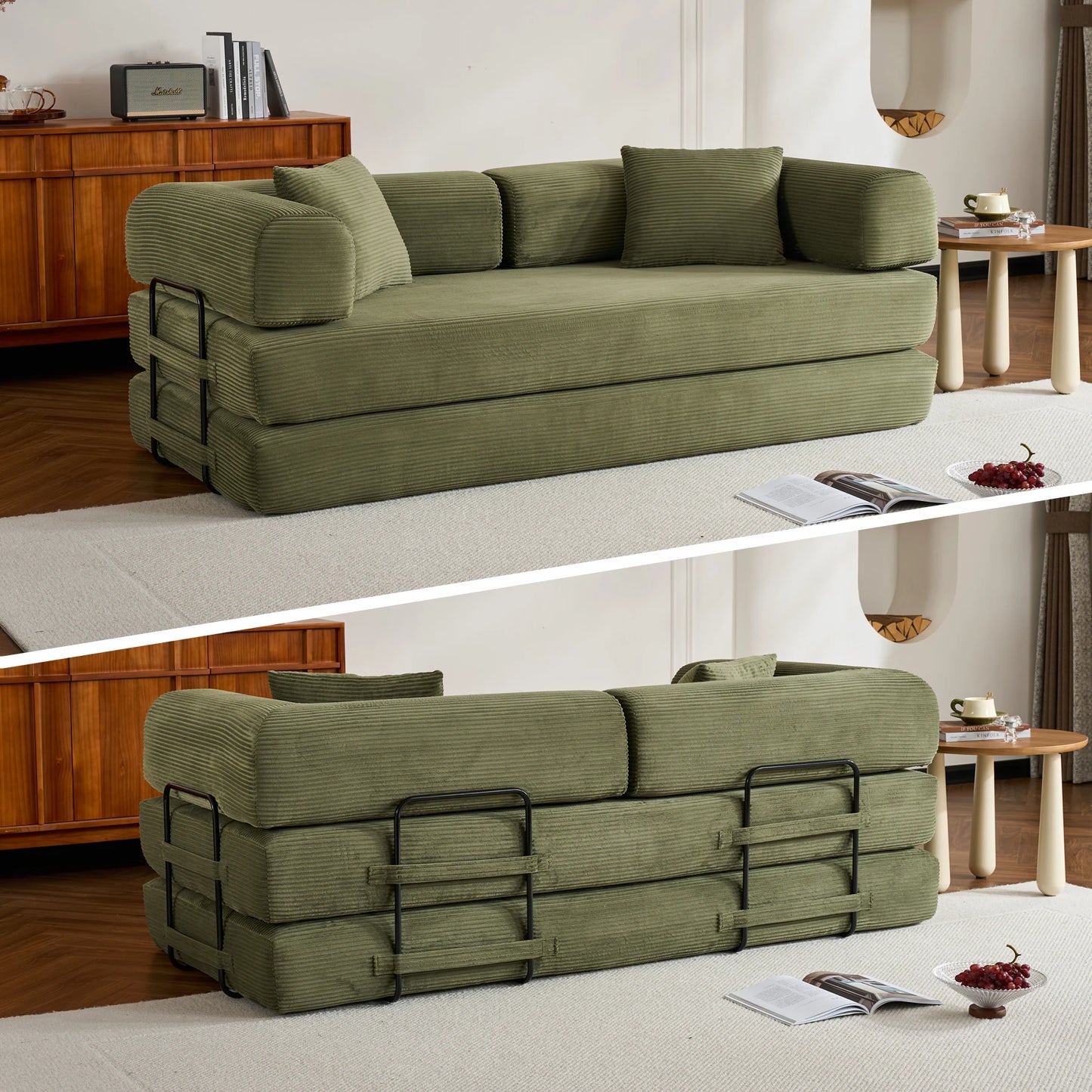 79" Folding Convertible Sofa Bed, Oversized Corduroy Futon, Boneless Loveseat