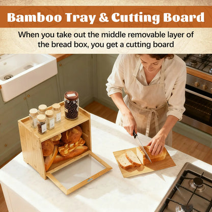 Bamboo Bread Box for Kitchen Countertop (Natural), Double Layer with Window