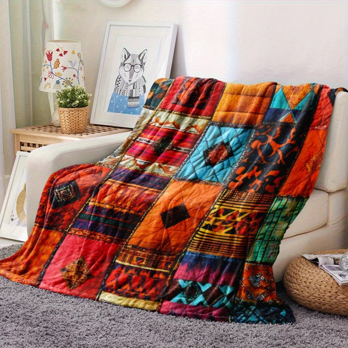 Vibrant Ethnic Bohemian Patchwork Quilt, Floral Flannel Blanket