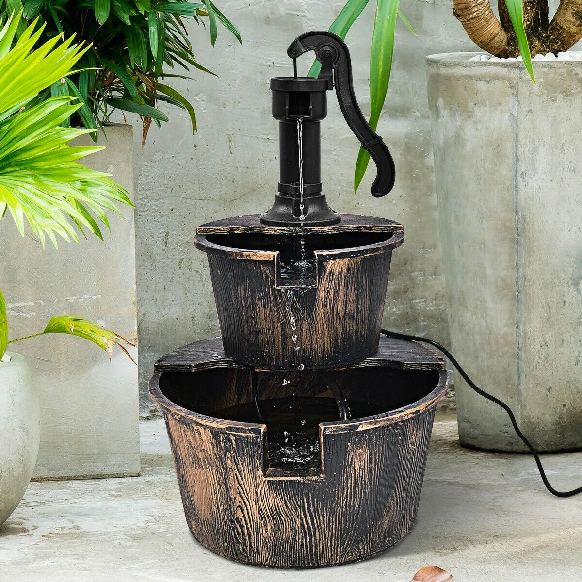 Rustic 2 Tier Barrel Waterfall Fountain with Pump