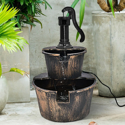 Rustic 2 Tier Barrel Waterfall Fountain with Pump