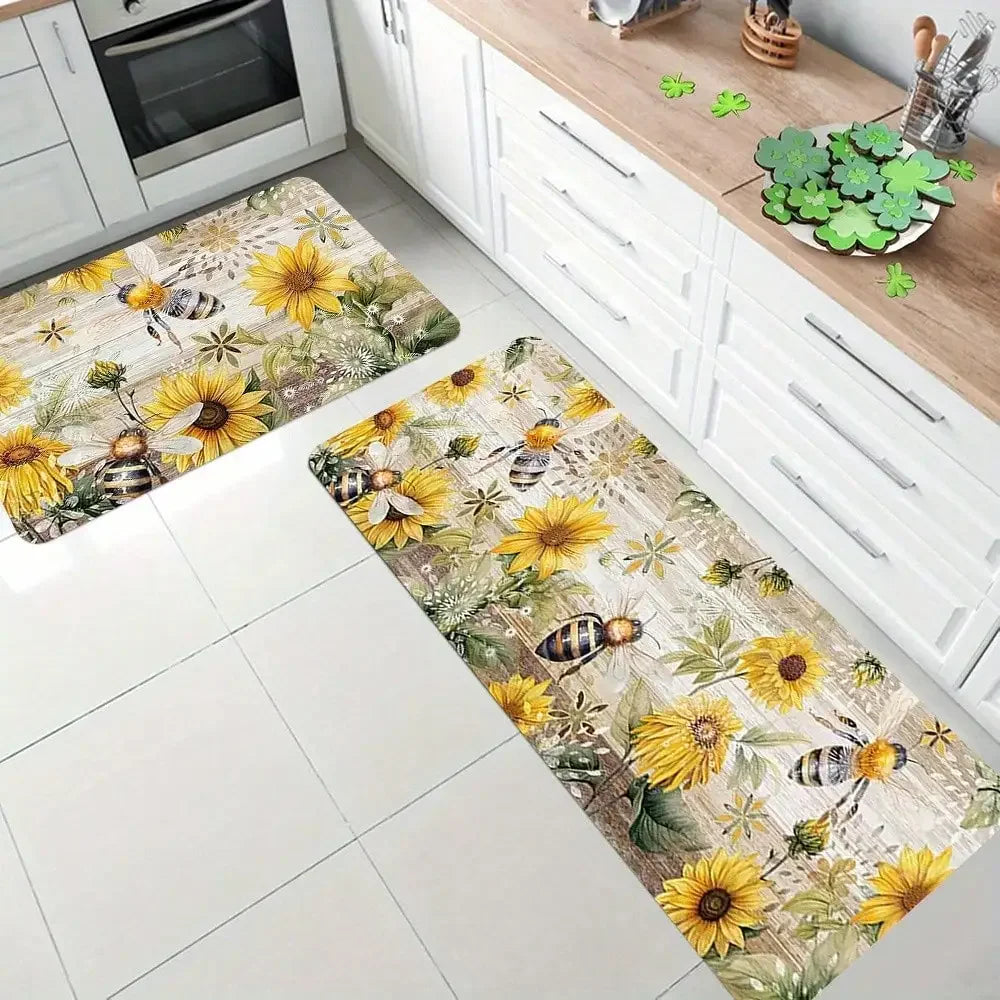 Bohemian Kitchen Mats, Bees and Sunflowers, Flannel Material with Anti-slip,