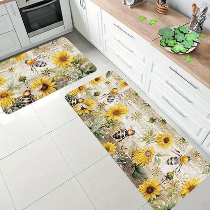 Bohemian Kitchen Mats, Bees and Sunflowers, Flannel Material with Anti-slip,