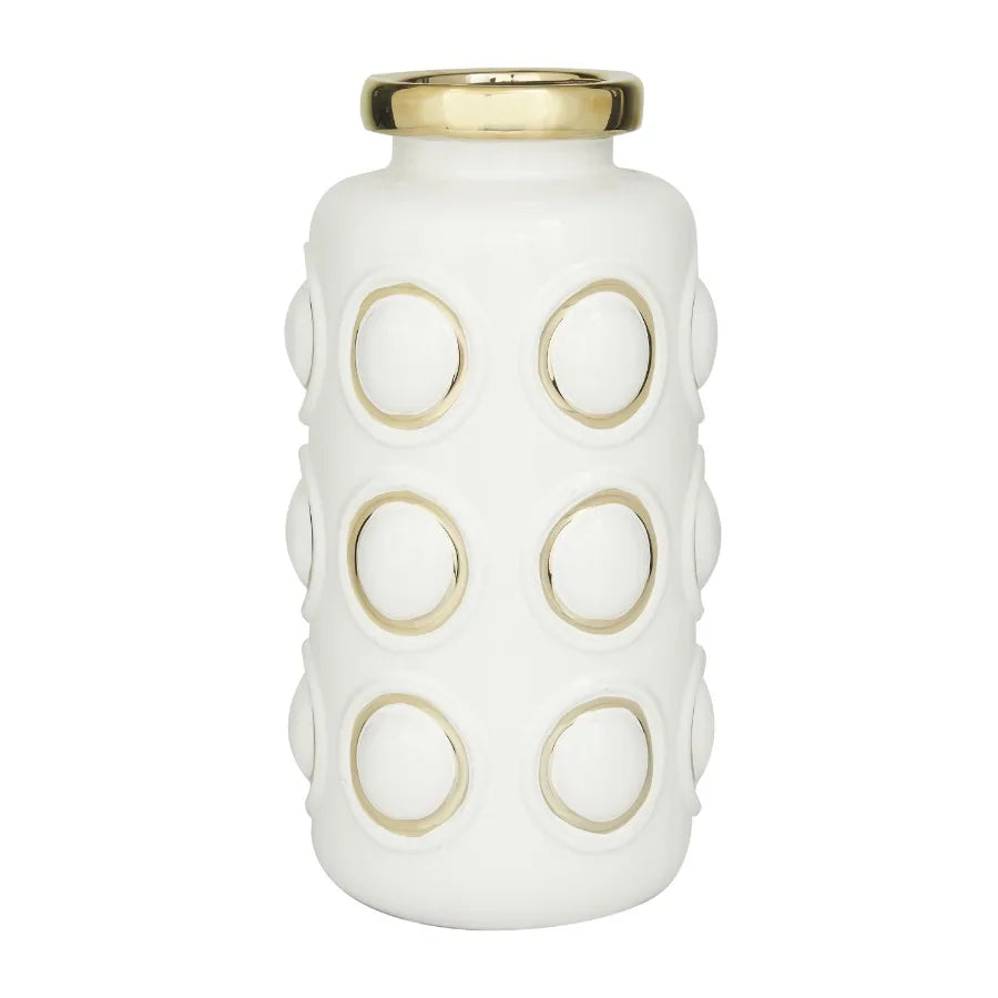 12" White Ceramic Vase with Gold Circle Accents