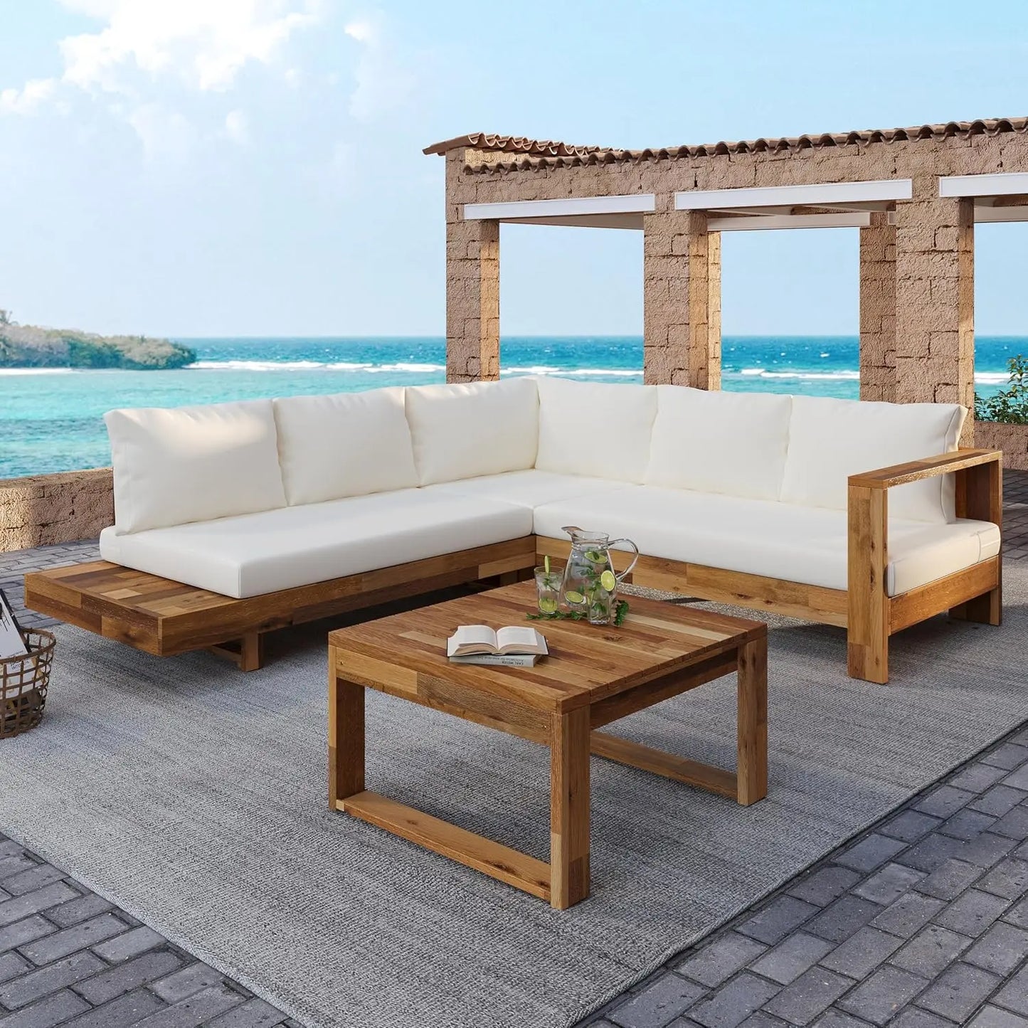 4 pc Acacia Wood Outdoor Sectional Slatted Sofa Set w/Cushions
