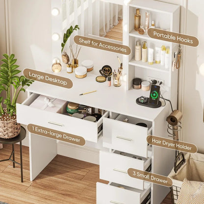 Makeup Vanity Desk w/LED Lighted Mirror, 4 Drawers Storage, Power Outlet