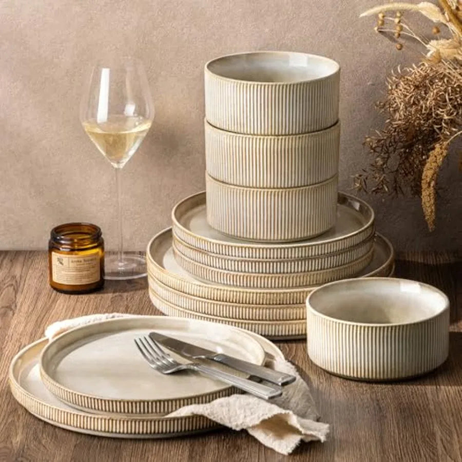 12pc Scratch-Resistant, Stoneware Set (4), Ribbed Ceramic Plates and Bowls