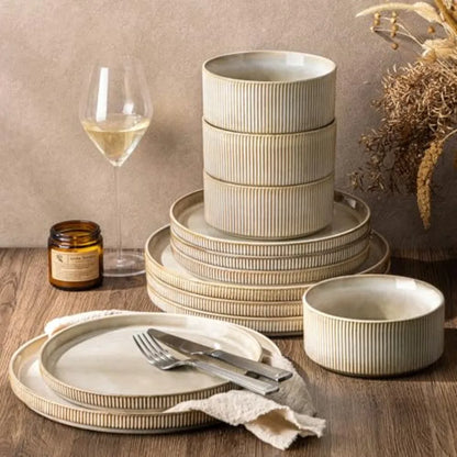 12pc Scratch-Resistant, Stoneware Set (4), Ribbed Ceramic Plates and Bowls