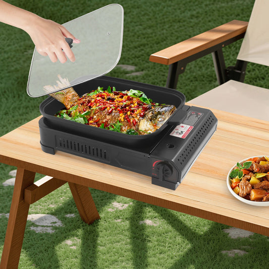 Stainless Tabletop Gas Stove w/Grill Pan and Lid, Non-stick Coating